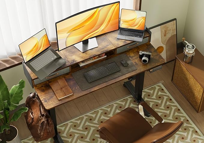 Claiks Standing Desk with Drawers, Stand Up Electric Standing Desk Adjustable Height, Sit Stand Desk with Storage Shelf and Splice Board, 55 Inch, Rustic Brown