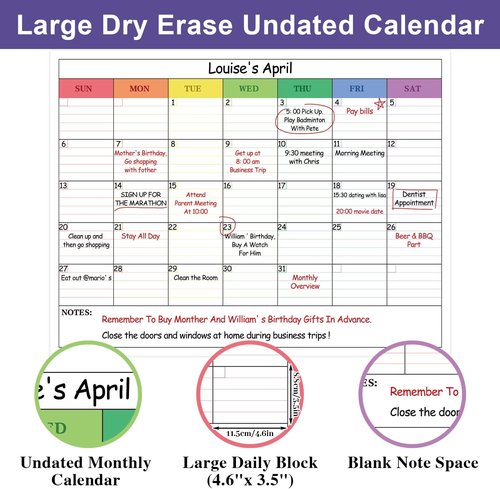 DERAYEE Large Dry Erase Calendar - 33" x 25" Wall Planner with Note Space for Home & Office