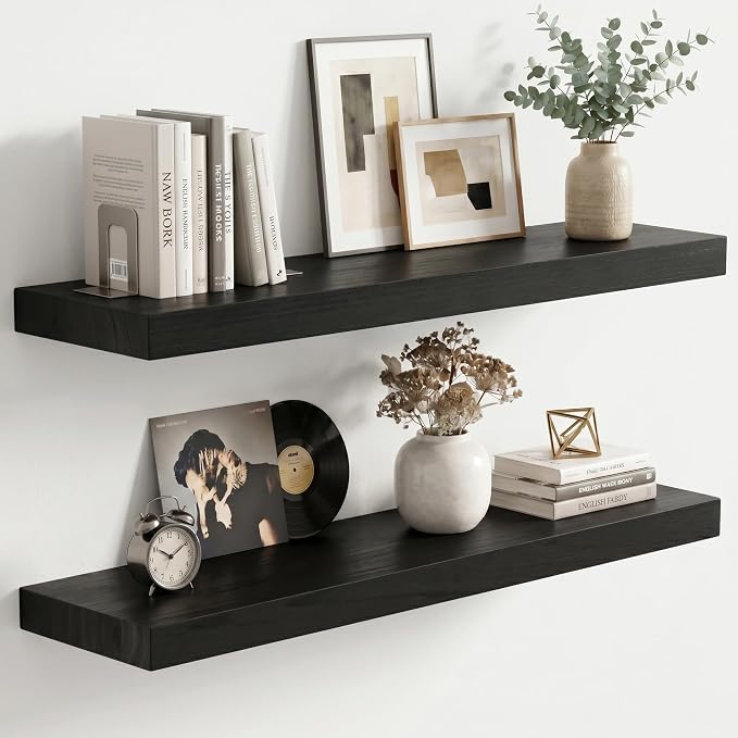 fuqing Black Floating Shelves | 24 Inch Wood Floating Shelves for Wall Set of 2 | 24" W x 6.7" D x 1.4" H Rustic Black Wooden Shelves for Bathroom Living Room Bedroom Kitchen