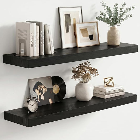 fuqing Black Floating Shelves | 24 Inch Wood Floating Shelves for Wall Set of 2 | 24" W x 6.7" D x 1.4" H Rustic Black Wooden Shelves for Bathroom Living Room Bedroom Kitchen
