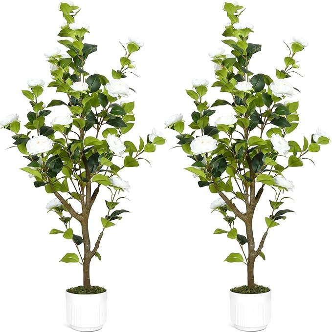 Artificial Camellia Tree 4FT – Nearly Natural Faux Plants Indoor, with Easy Assembly, Low Maintenance, Ideal for Both Indoor Decoration and Other Purposes，Perfect Porch Christmas Trees (White 4ft x2)