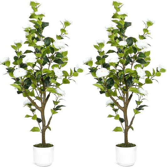 Artificial Camellia Tree 4FT – Nearly Natural Faux Plants Indoor, with Easy Assembly, Low Maintenance, Ideal for Both Indoor Decoration and Other Purposes，Perfect Porch Christmas Trees (White 4ft x2)