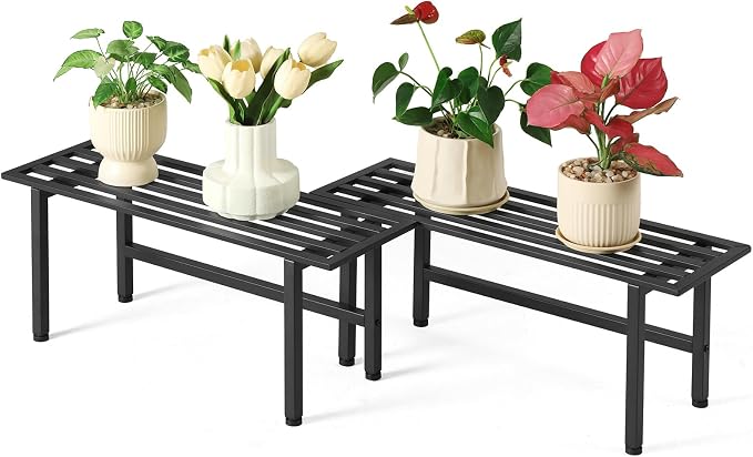 Dipion 2 Pack Metal Plant Stand Outdoor Plant Shelf Indoor,1 Tier Heavy Duty Plant Stands for Multiple Plants,26" L x 10.12" H x 8.75" W,Black