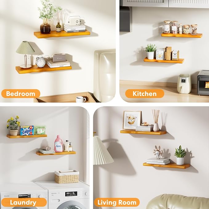 Solid Wood Live Edge Floating Shelves Set of 2 – 24" Rustic Wall Shelf with Hidden Bracket System, Wall Mounted Shelves for Bathroom, Kitchen, Living Room, Bedroom (Honey Walnut)