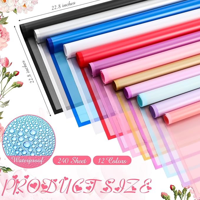 Ctosree 240 Sheets Flower Wrapping Paper, 22.8 x 22.8 Inch Waterproof Florist Floral Korean Flower Bouquet Wrapping Paper for Wedding Birthday DIY Gift Packaging Bouquet(Mixed Colors)