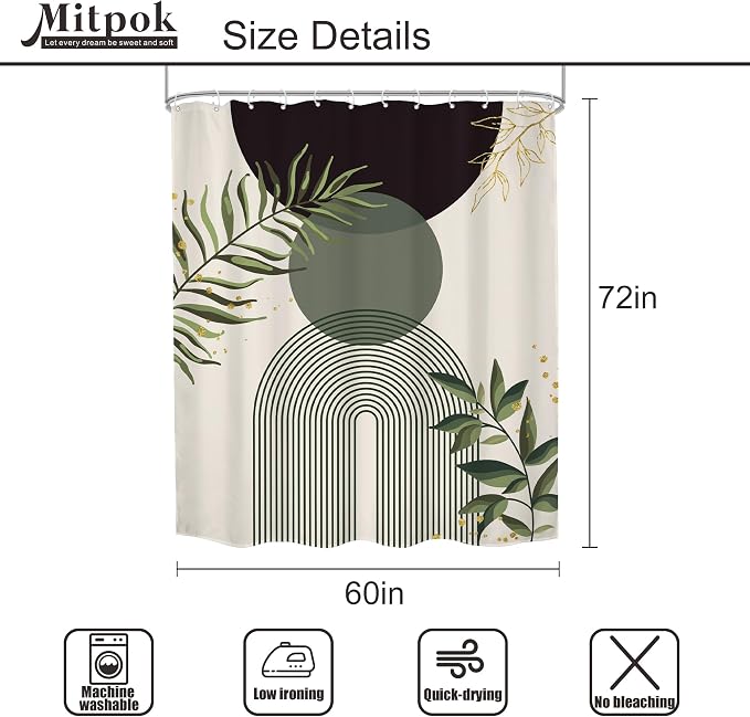 Dark Green Boho Shower Curtain 60Wx72H Teal Green Modern Bohemian Mid Century Abstract Gold Leaves Plant Bathroom Decor Minimalist Geometric Neutral Bath Curtain Fabric Polyester 12 Pack Hooks