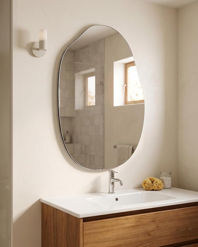 BEAUTYPEAK Asymmetrical Mirror, 26 x 40 Inches Irregular Wall Mirror, Wood Frame Unique Shape Wall Mounte, Decorative for Living Room Bedroom Entryway Hallway