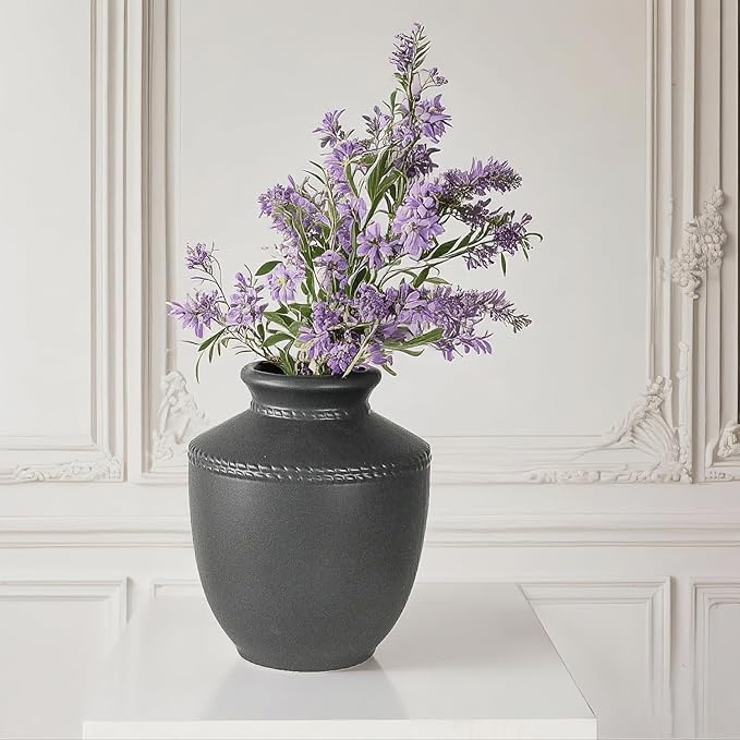 Farmhouse Ceramic Vase for Living Room Bedroom Black 7.45'' Flower Bouquet Vase for Fake Plant Home Decor Office Fireplace Centerpieces Rustic Retro Vintage Modern Gift Decoration