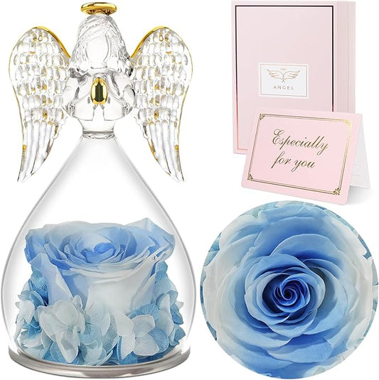 Sunia Preserved Flower Rose Gift for Women - Mother's Day Birthday Gifts for Mom Wife Grandma, Glass Angel Figurines Forever Real Roses Gifts for Her Valentine Day Thanksgiving﻿ (White Blue)