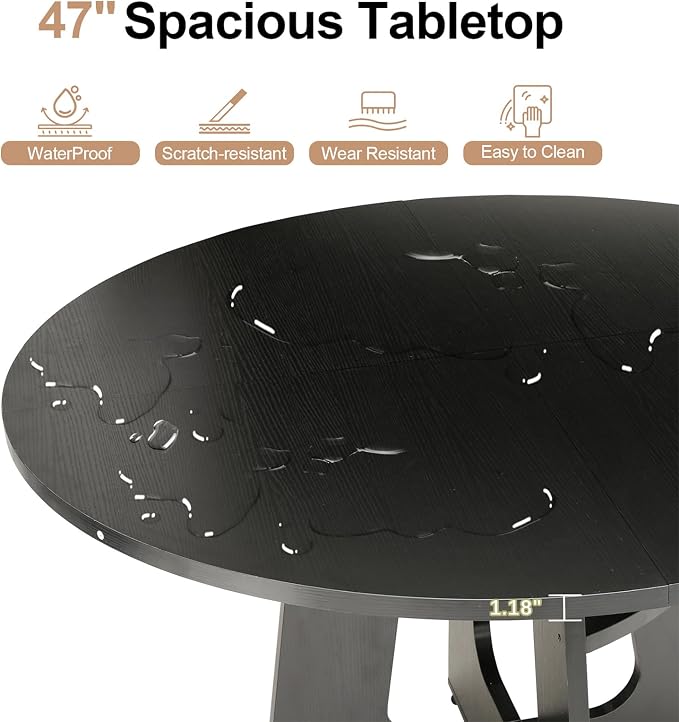 47" Round Dining Table for 4-6 Black, Farmhouse Wood Circle Dinner Table, Modern Wooden Circular Dinner Tables Easy Assembly for Dining Room/Kitchen/Living Room/Apartment (Table Only)