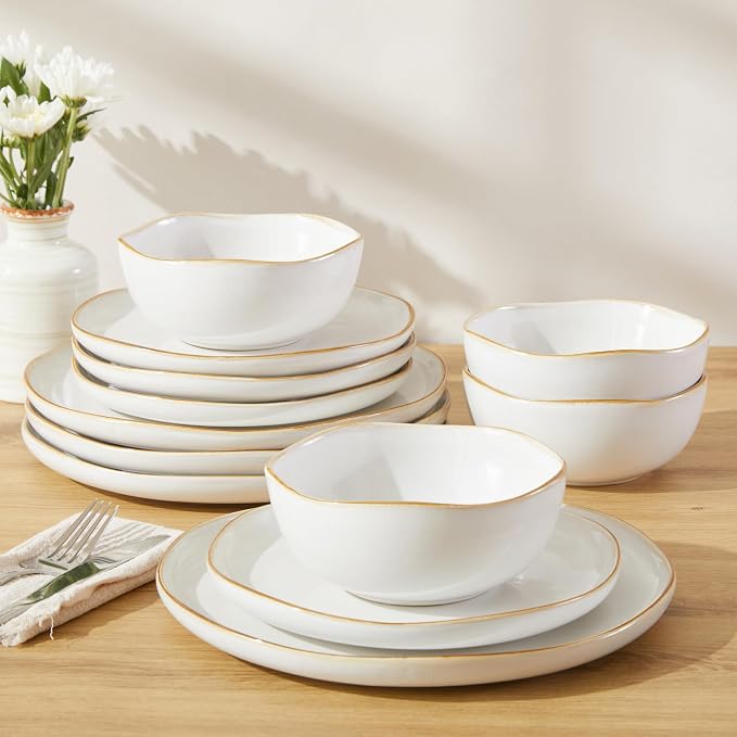 Pokini Dinnerware Set for 4, Ceramic Dish Set, Plate and Bowl Set, Microwave & Dishwasher Safe Dishware Set, Chip & Scratch Resistant Dinner Sets, Irregular Edge Design, White