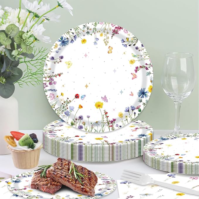 48pcs Flower Party Decoration Set,16 Dessert plate,16 Napkin And 16 Fork,16 persons Baby in Bloom Floral Disposable tableware,Wildflower Birthday Party Supplies (Multicolor 24)