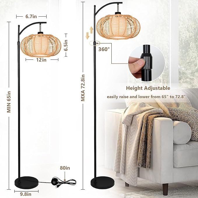 ZECOXOL Arc Floor Lamps for Living Room Bedroom Rattan Boho Floor Lamp with Remote Control,Dimmable Led Standing Lamp Wicker Lamp Shade Rustic Tall Floor Lamp Modern Flower Lamp for Bedroom Corner