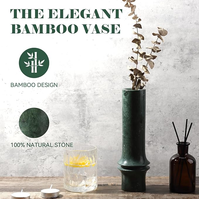 Bamboo Vase for Home Decor, Natural Marble Vase Rustic Vintage Decorations for Living Room, Table, Bathroom, Holiday & Weddings, Rustic Flower Vases (Indian Green)