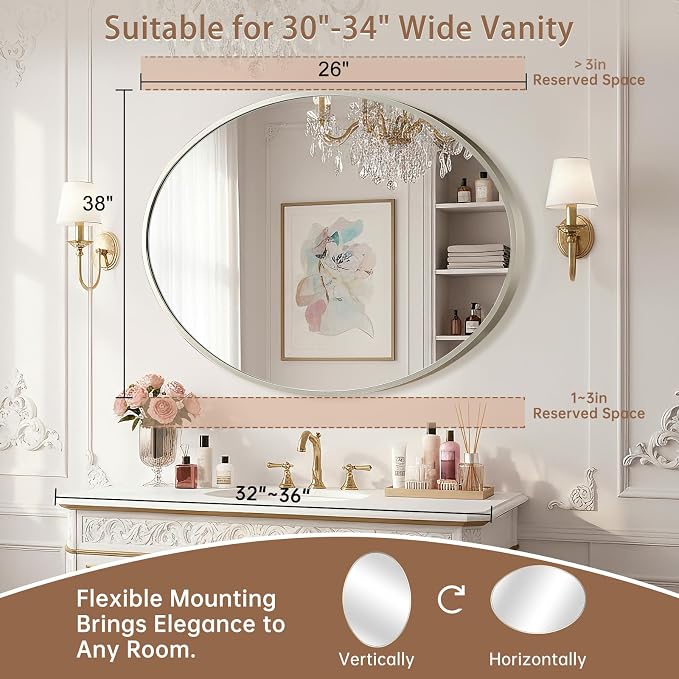 Oval Wall Mirror, 26"x38" Brushed Nickel Vanity Mirror, Bathroom Mirror of Metal Frame, Home Decorative Wall Mounted Mirror for Bathroom, Living Room, Entryway, Vanity