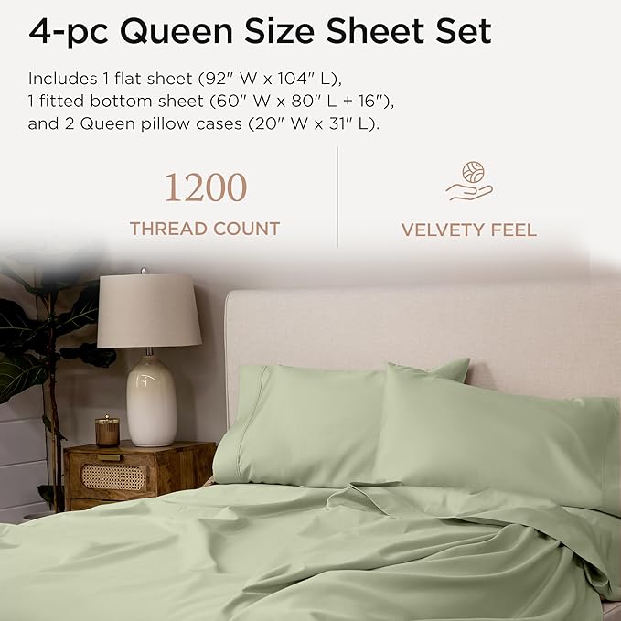 Threadmill Luxury Supima Cotton Sheets, Luxury 1200 Thread Count Soft 100% Cotton Sheets for Queen Size Bed, 4 Pc Sage Green Bed Sheets Queen Set, 5-Star Hotel Quality Deep Pocket Bed Sheets Set