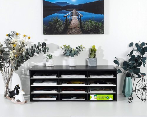 PAG Mail Sorter - Wood Countertop Literature Organizer with 12 Compartments | Black & White Design