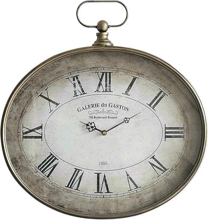 Large Decorative Wall Clock - 20 inch, Distressed Gold, Oval Pocket Watch Design, Roman Numerals, Battery Operated, Large Antique Style for Living Room, Kitchen, Bedroom Decor
