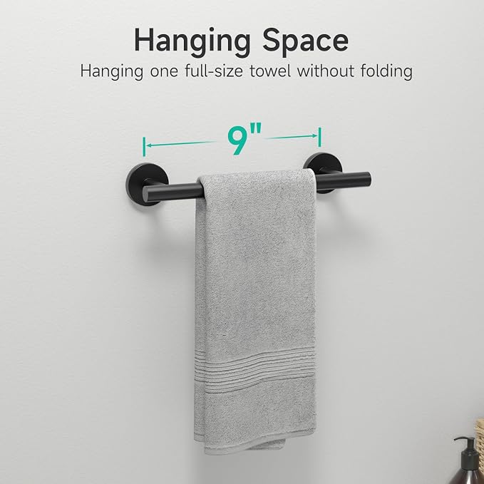 USHOWER Matte Black Hand Towel Bar, 9-Inch Towel Racks for Bathroom Wall-Mounted, SUS304 Stainless Steel Towel Rod (Total Length 11-Inch)
