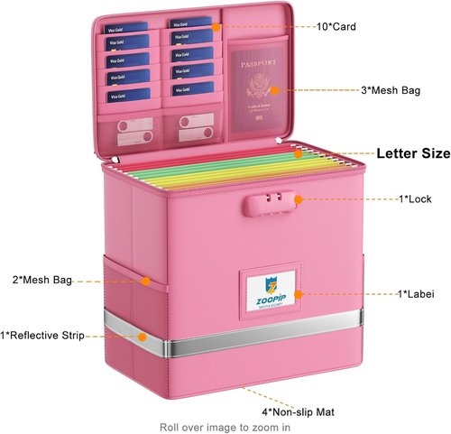 Fireproof File Box - Secure Document Storage Organizer with Lock | Collapsible, Pink, Letter Size