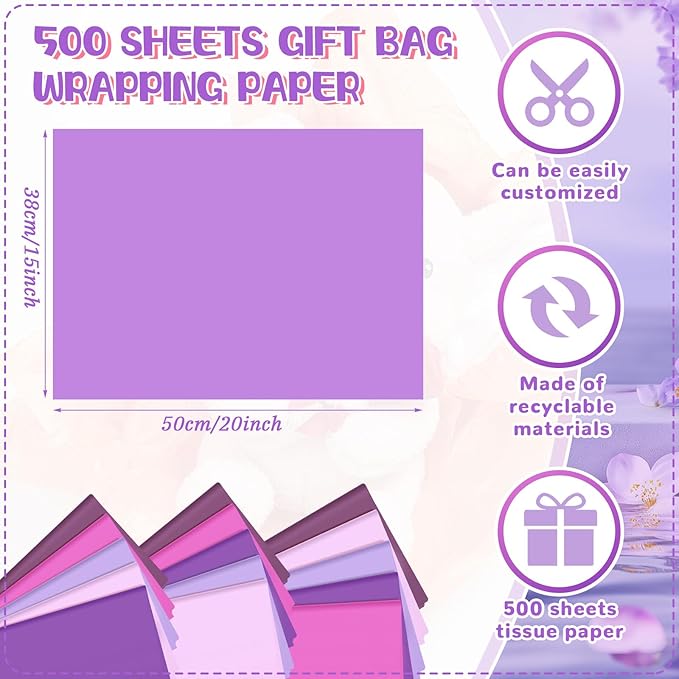 Qilery 500 Sheets Lavender Purple Tissue Paper Bulk for Gift Bags Flower Wrapping 15 x 20 Inch Acid Free Packaging Lavender Paper Sheets for Christmas Decoration DIY Crafts, Wedding, Party, Shipping