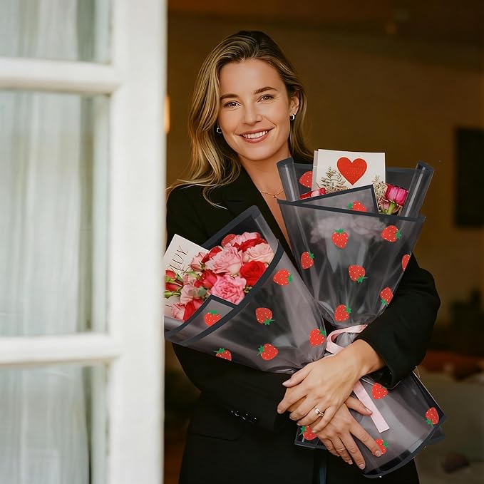 WRAPAHOLIC 20 Sheets Flower Wrapping Paper - 22.4 x 22.4 inch Black Strawberry Water-Resistant Floral Bouquet Wrapping Paper, Florist Supplies Packaging for Graduation Ceremony Gift DIY
