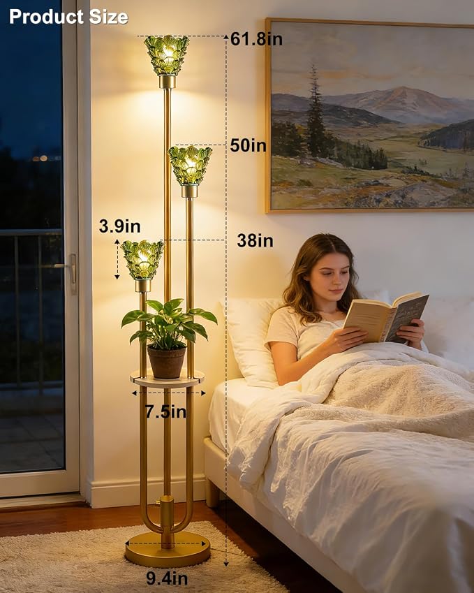 Lightdot Green Glass Floor Lamp with Shelf, 63IN Mid Century Modern Gold Standing Lamps with 3 3000K Soft Warm White Bulbs Included, Floor Lamp with 5Lbs Heavy Base for Living Room/Wedding/Office