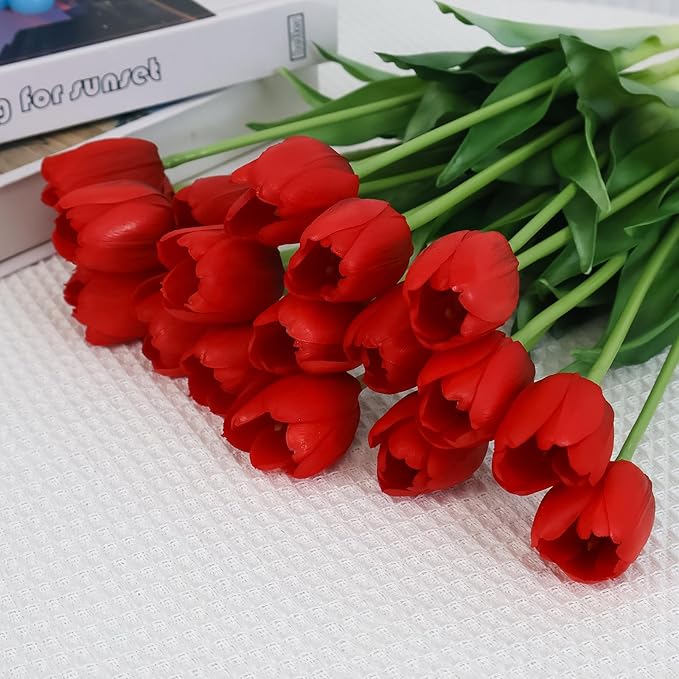 20 Artificial Tulips in Fluted Glass Vase, Waterproof Faux Flowers Bouquet for Wedding Home Office Decor, Table Centerpiece, Housewarming Birthday Gift Set (Red)