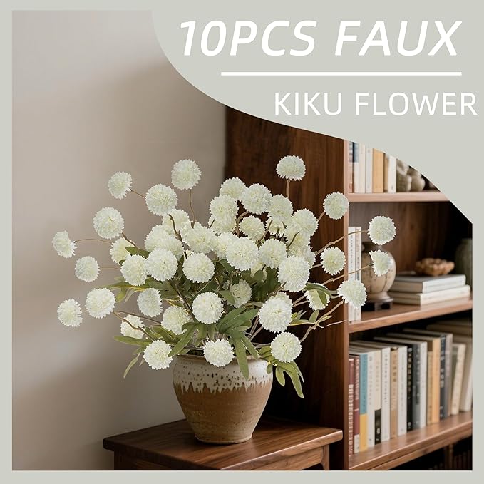 Fake Flowers Artificial Chrysanthemum Faux Mums Faux Flowers for Vase Fall Long Stems Flower Silk Flower for Indoor Home Decoration Kitchen Office Wedding Decoration（20.5In,10PCS,White）No Vase