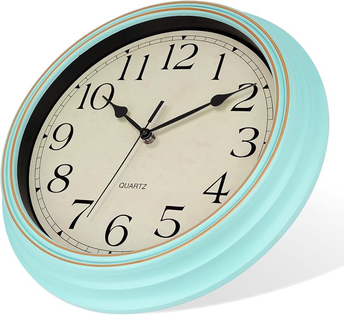 Foxtop 14 Inch Wall Clock Battery Operated Silent Non-Ticking Round Classic Vintage Retro Wall Clock Decorative for Living Room Kitchen Home Office (Light Turquoise)