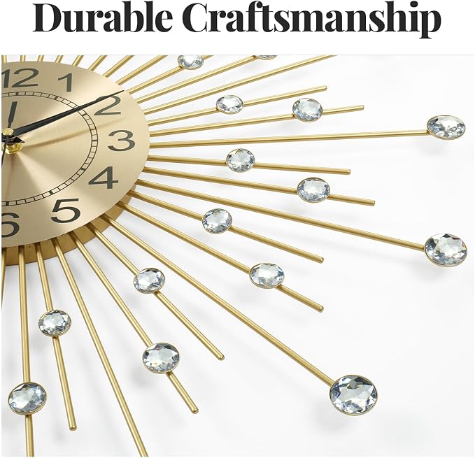 Cuspin Large Gold Wall Clock 30 Inch, Crystal Sunburst Mid Century Modern Clocks for Living Room Decor, Luxury Decorative Battery Operated Metal Clock Silent Non Ticking for Home Ddecor