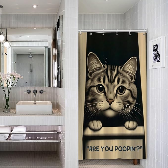 Cat Shower Curtains Cute are You Poopin' Funny Humorous Animal Whimsical Bathroom Curtain Curious Joke Cat Shower Curtain Sets for Bathroom Extra Long 54x72 in with 10 Hooks