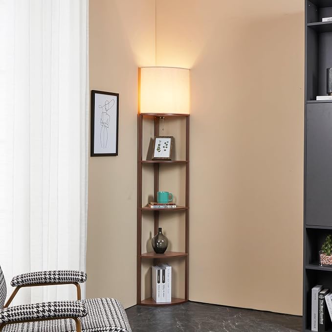 Corner Floor Lamp with Shelves, Tall Corner Lamp with Fabric Shade, Modern Torchiere Lamp for Living Room, Bedroom, Office, Corner Display Shelf with Light, Home Decor, Brown