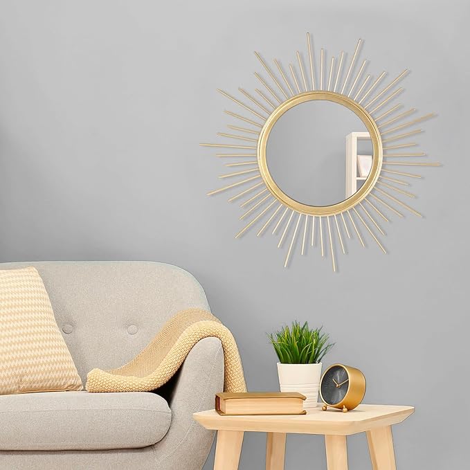 Large Gold Spoked Sunburst Wall Mirror Boho Home Decor Round Wall Art Mirror Modern Metal Mirrors for Wall Living Room Vanity Bathroom Bedroom Hallway Balcony Entryway 20"