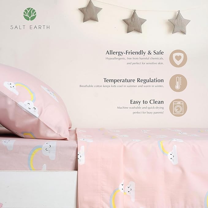 Salt Earth 100% Cotton 210TC Kids Bedsheet, Twin Sheets Set for Toddler Bed, 3 Piece Bedding Set Including Flat Sheet, Fitted Sheet, and Pillowcase, Themed Cute Sheets for Playful Kids Bed(Rainbow)