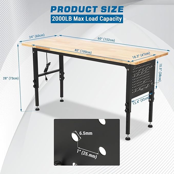 TrailBlaze 60"x24" Workbench, Heavy Duty Rubber Wood Top Workbench with Pegboard Hooks & Power Outlet & 4 Lockable Wheels, Adjustable Height Work Table for Home Garage Workshop - 2000lbs Load Capacity