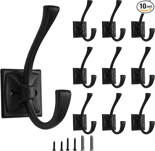 10 Pack Decorative Heavy Duty Towel Hooks for Hanging Robe Double Matte Black Coat Hooks Wall Mounted with Screws for Key, Towel, Bags, Cup, Hat