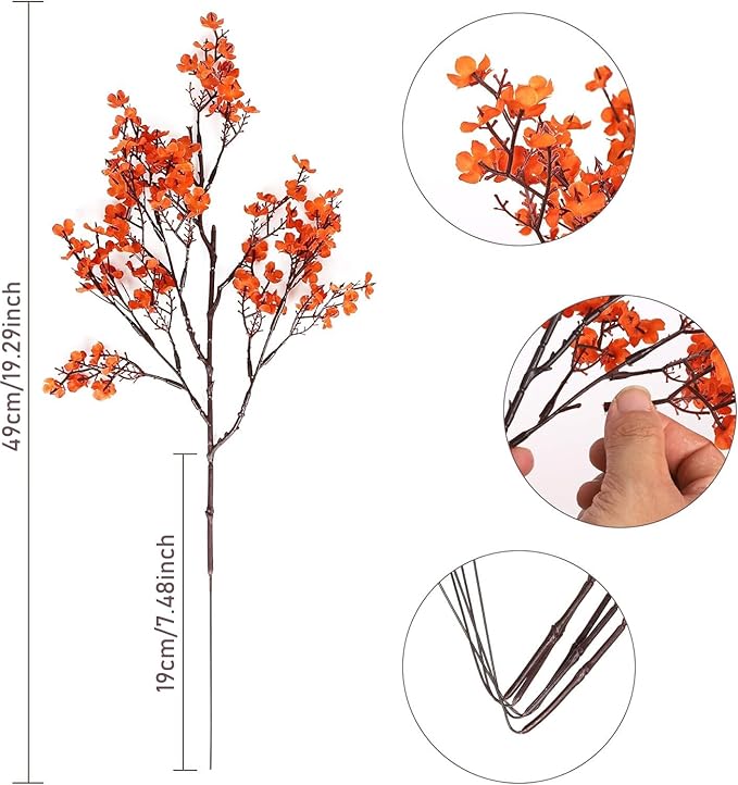 8Pcs Babys Breath Artificial Fake Fall Flowers, Real Touch Orange Plants Silk Flowers for Vase Home Office Wedding Indoor Outdoor Centerpiece Table Party Autumn Christmas Decorations