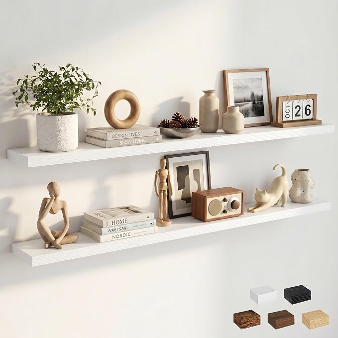 Dreamland Floating Shelves for Wall, Rustic White Floating Shelves for Bathroom|Bedroom|Kitchen, Deep Wall Mounted Book Shelf, Wood Storage Display Shelf for Home Decor, Set of 2