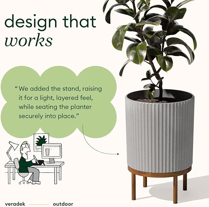 Veradek Demi Series Round Planter w/Stand for Porch/Patio | Durable Plastic-Stone Composite & Wooden Stand | Modern Décor for Tall Plants, Flowers