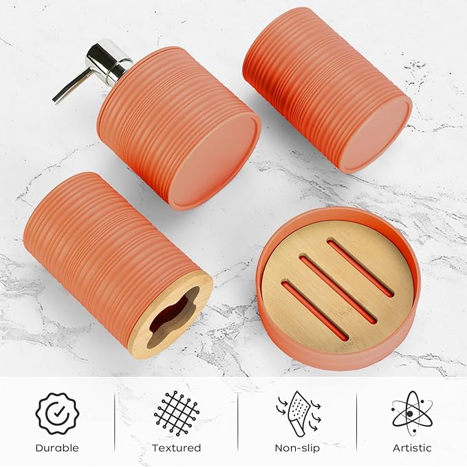 4 PCS Orange Bathroom Accessories Set, Includes a Soap Dispenser, Toothbrush Holder, Soap Dish and Mouthwash Cup, Plastics & Bamboo Bathroom Set, Bohemian Style Bathroom Sink Set