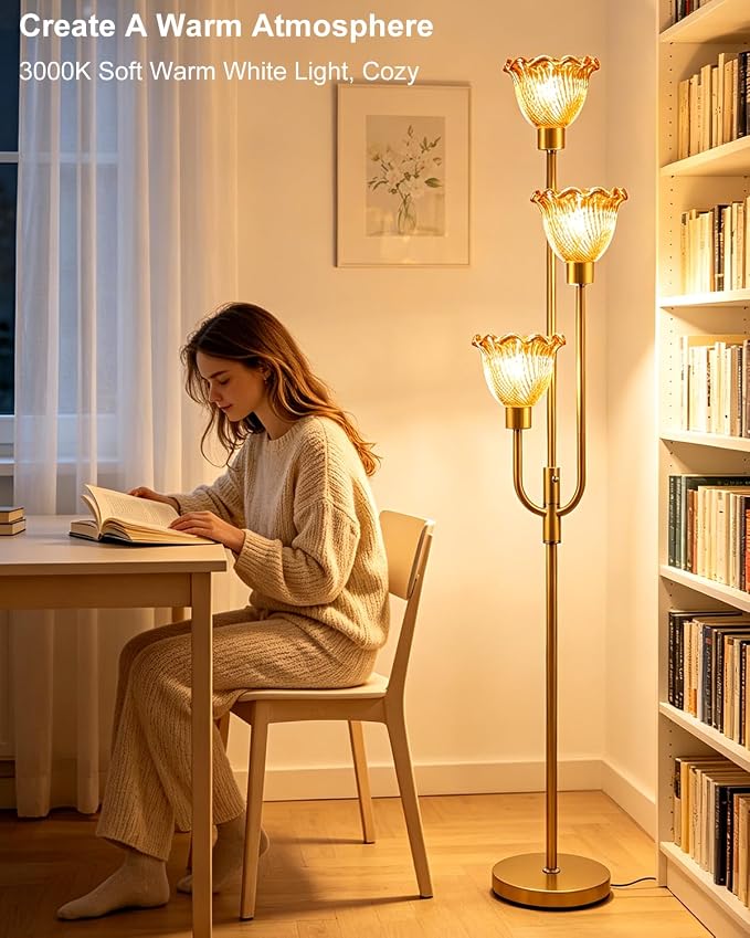 Lightdot 3-Lights Glass Floor Lamp 66IN Modern Gold Dimmable Floor Lamps with 3000K Warm White Bulbs for Wedding Party Tall Standing Lamp with Amber Glass Shade for Living Room/Bedroom/Home Decor