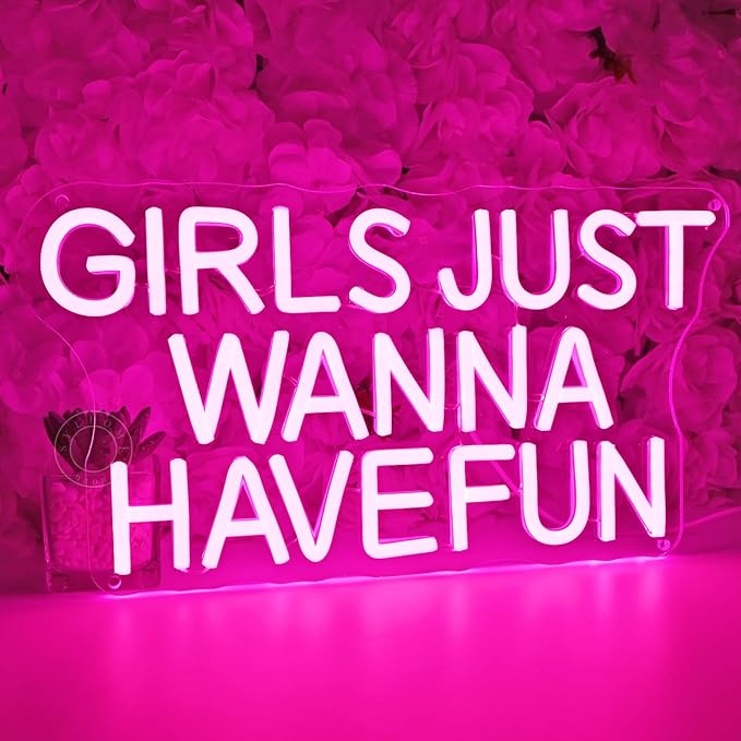 SYLHOME Pink Led Neon Light Sign Girls Just Wanna Have Fun Bedroom Girls Room Wall Decor Sign Birthday Wedding Christmas Party Backdrop Sign USB 15"X7.9"