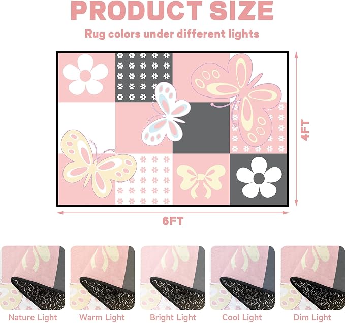 4'x6' Butterfly Area Rug Pink Butterfly Checkered Rugs for Bedroom Living Room Nursery Kitchen Playroom Home Decor Cute Flower Carpet Washable Non Slip Floor Mat