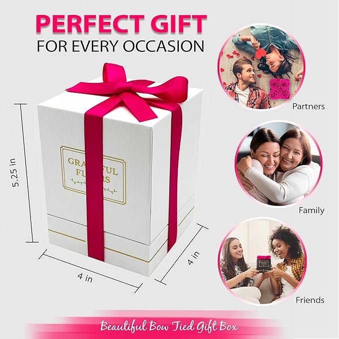 Graceful Fleurs | Real Long Lasting Roses for Years | Preserved Fresh Flowers for Delivery Birthday | Birthday Gifts for Women | Forever Roses in a Box (Radiant Pink, White Box, 4 Roses)