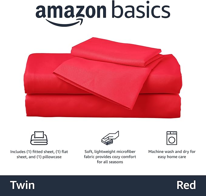 Amazon Basics Kid's Soft Easy-Wash Lightweight Microfiber 3-Piece Sheet Set, Twin, Red, Solid (Pack of 4)