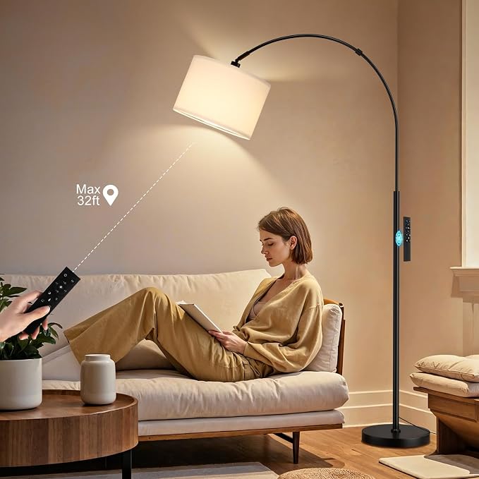 Ambimall Dimmable Arc Floor Lamp with Remote, Color Temperatures and Brightness Adjustable, Arched Floor Lamp with Rotating Head, Over Couch Arched Reading Light for Living Room (White and Black)