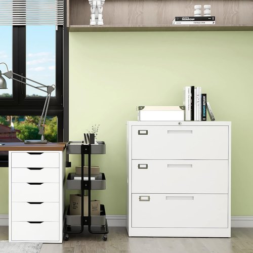 Letaya Lateral File Cabinet - 3 Drawer Metal Filing Storage for Home Office Organization | White