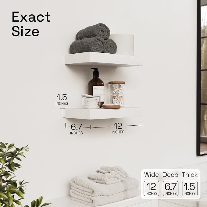 BAOBAB WORKSHOP Solid Wood Floating Shelves for Wall 12 Inch Wide, Small Wooden Shelf Bathroom Thick, White Floating Shelves for Room Wall Mounted Kitchen, White Finish, 12W × 6.7D, Set of 2