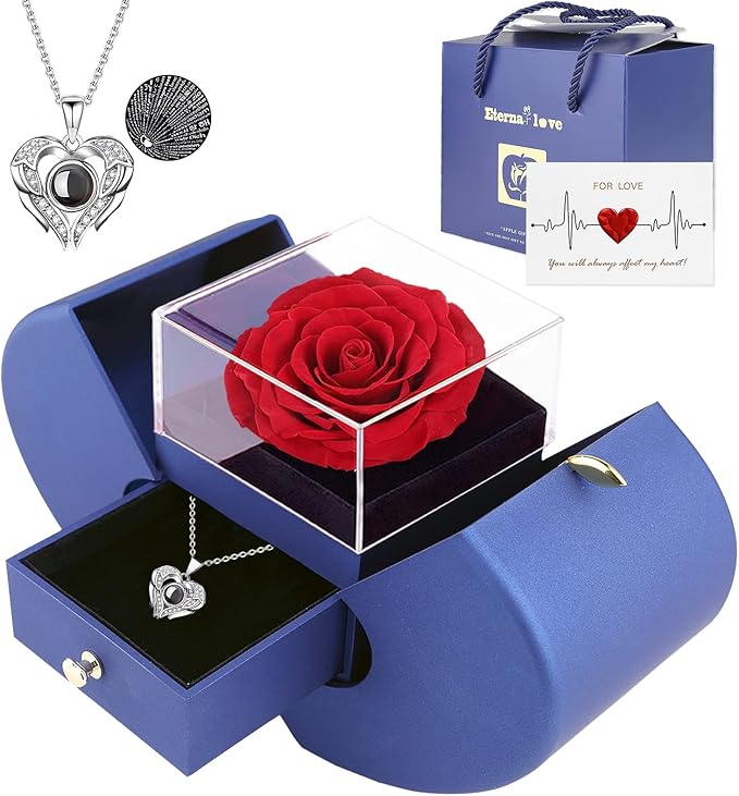 Preserved Real Rose with I Love You Necklace 100 Languages, Gifts for Girlfriend, Women, Mom, Wife, Gifts Idea on Christmas, Valentine's Day, Mother's Day, Birthday, Anniversary, Thanksgiving
